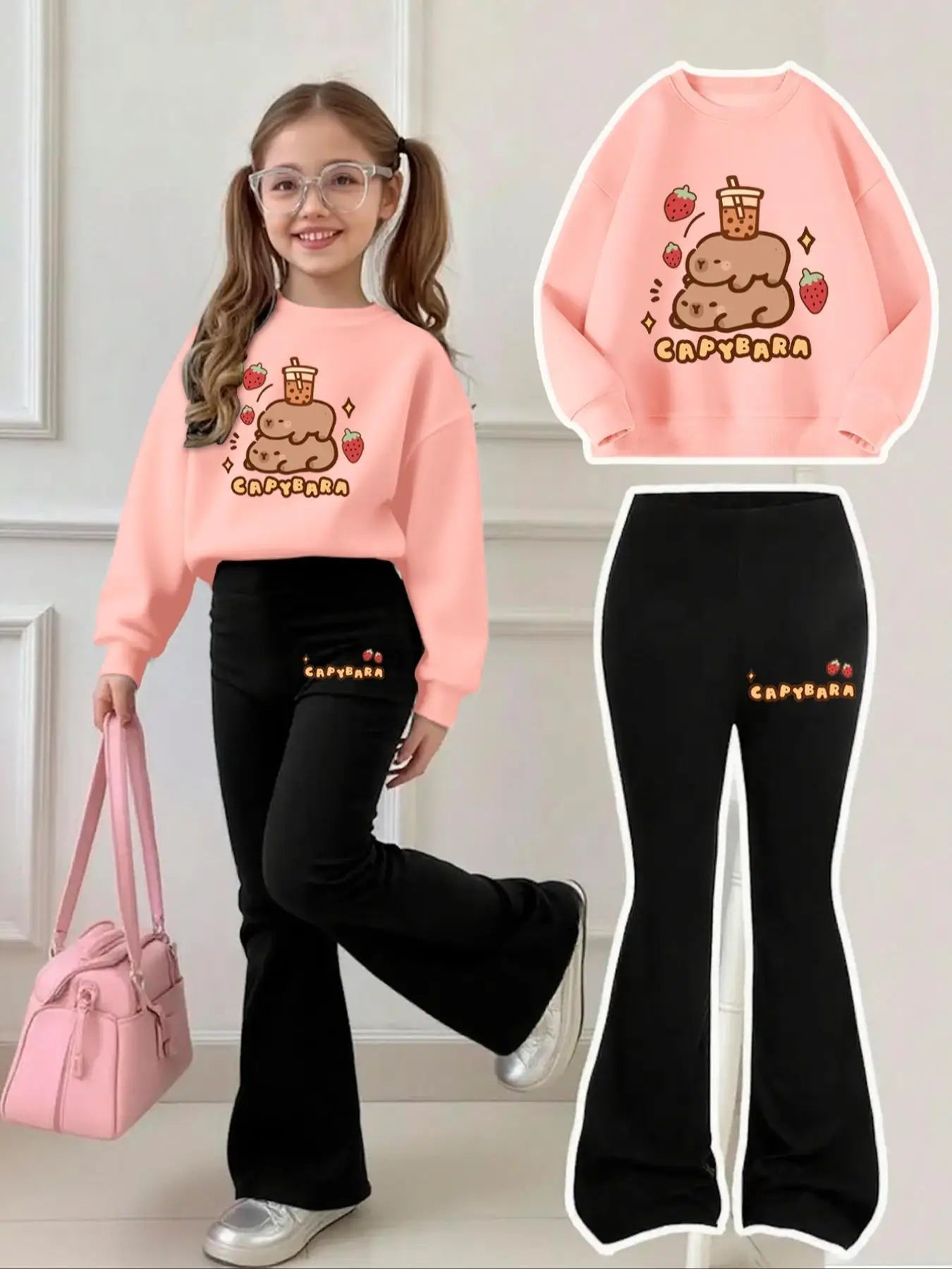 4-12 Year Old Girls' Capybara Milk Tea Sweatshirt and Bell-Bottom Pants Set, Black Bell-Bottom Pants with Side Embellishments Featuring the Same "Capybara" Lettering + Strawberry Element Print Two-Piece Outfit