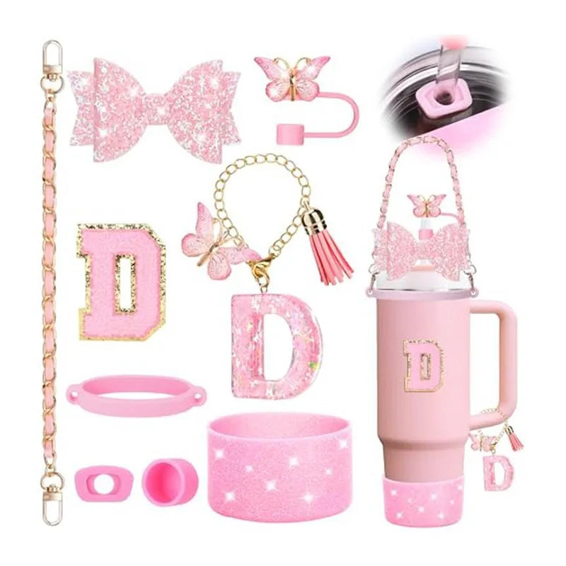 9PCS Set Bling Pink For Stanley Cup Cute Bow Letter Decoration 30oz 40oz Cup Spill Proof Stopper Keychain Handle Cup Accessoriy