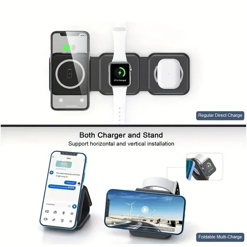 3 in 1 Magnetic Wireless Charger Portable Fast Charging Dock Station Foldable Stand Trip Charger For iPhone Apple Watch AirPods