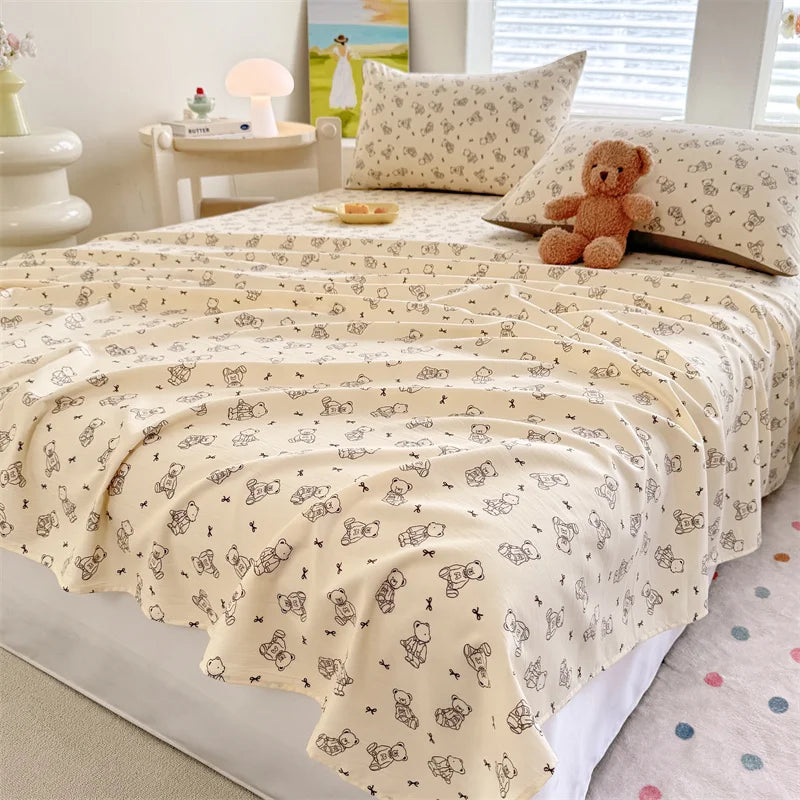 1pc Washed Cotton Flat Bed Sheets Single/Queen/King Size Bed Cover for Double Bed Flower Printed Soft Bed Sheets Top Sheets Set