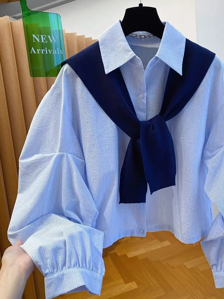 Knitted Shawl With Blue Striped Shirt For Women's Two-piece Top 2025 New Loose Layered Autumn blouse