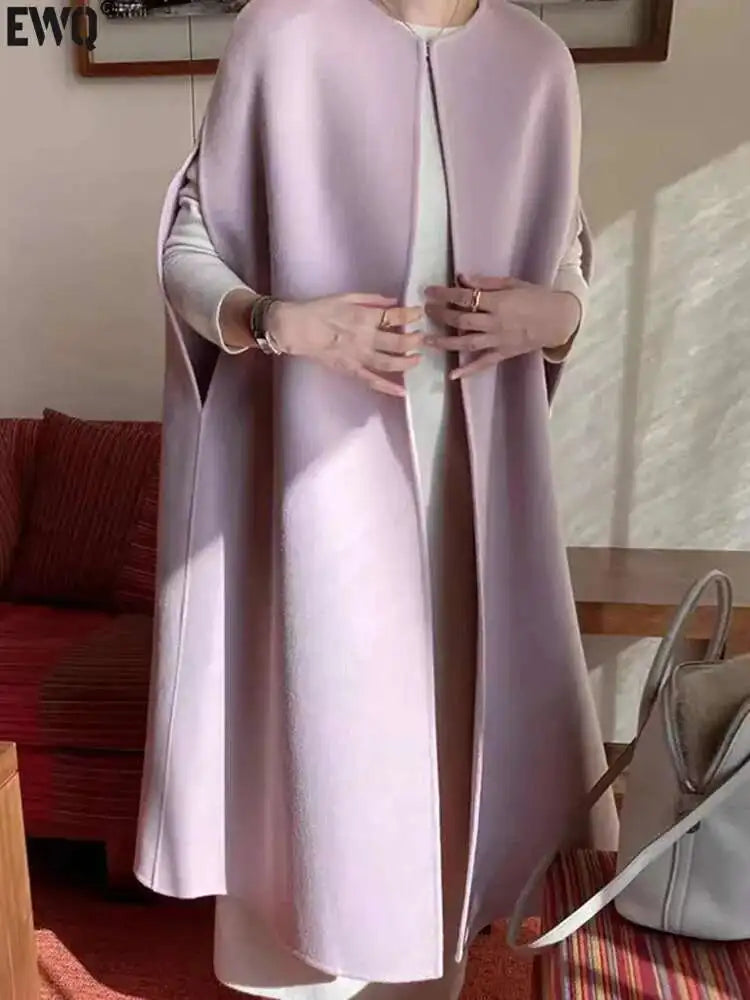 [EWQ] Korean Elegant Vintage O Neck Shawl Loose All Match Medium Length Cardigan Woolen Vest Women 2025 Autumn Winter 16U7318