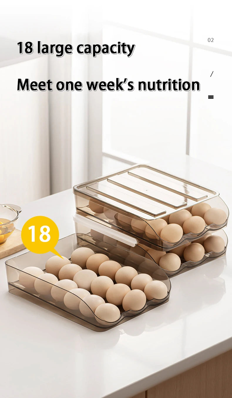 Automatic Slide Egg Storage Box Transparent Drawer, Stackable Rolling Eggs Rack Egg Tray Holder Basket, Kitchen Fridge Organize