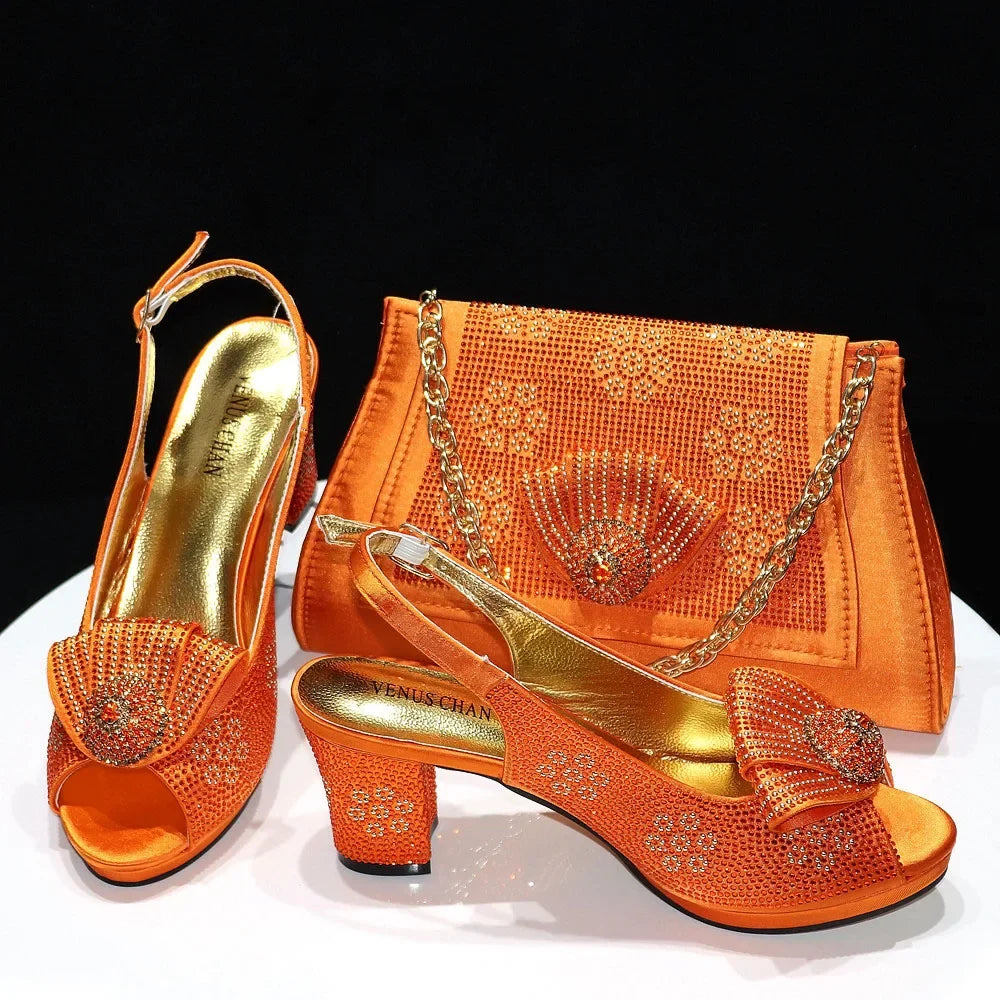 Golden Wedding Shoes and Bag Set, Diamond Decor