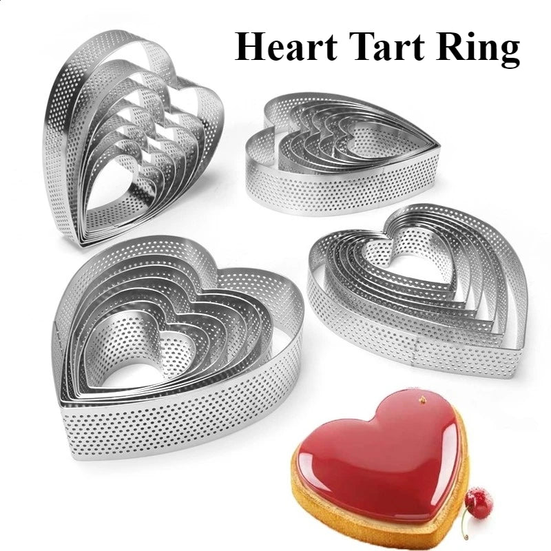 10PCS Stainless Steel Perforated Heart Shape Tart Ring for Baking Fruit Tartet Mousse Pancake Doughnuts DIY Home Baking Tools