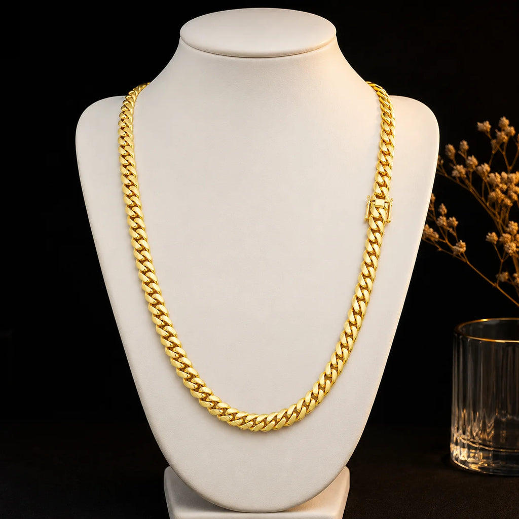 8mm 14K Gold Plated Miami Cuban Chain Necklace for Men, Stainless Steel Heavy Curb Link Jewelry, Classic Hip Hop Statement Chain for Rapper, Street Style, Club, Concert, Daily Outfit, Birthday, Father's Day and Holiday Gift A