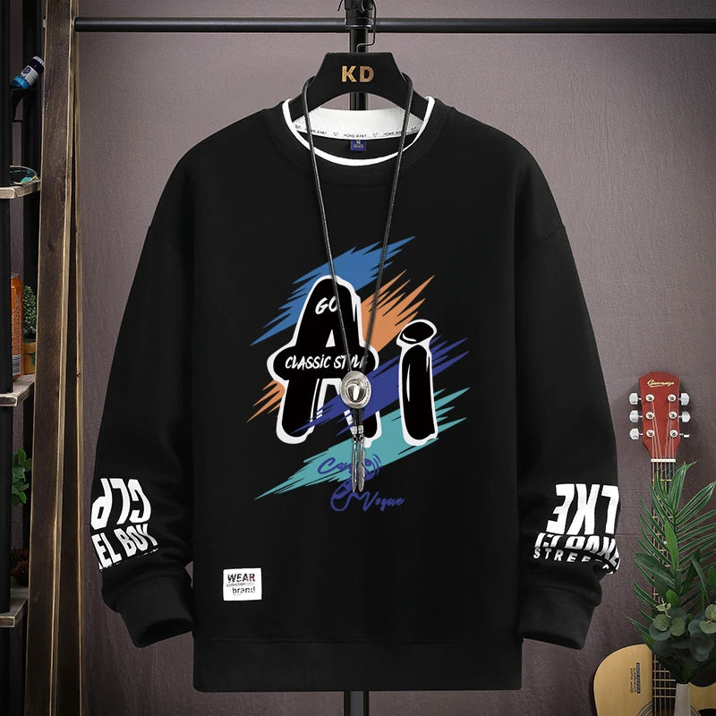 Autumn Men's Sweatshirt Trendy Printed Long Sleeve T-shirt Fashion Men's Clothing Khaki O Neck Harajuku Exclusive Design Top New