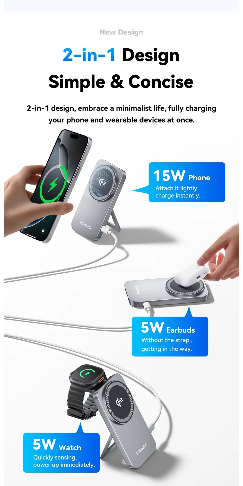 Essager Qi2 Magnetic Wireless Charger 15W 2 in 1 Foldable Fast Charging Station Holder for ihone 16 15 14 IWatch Ultra Airpods