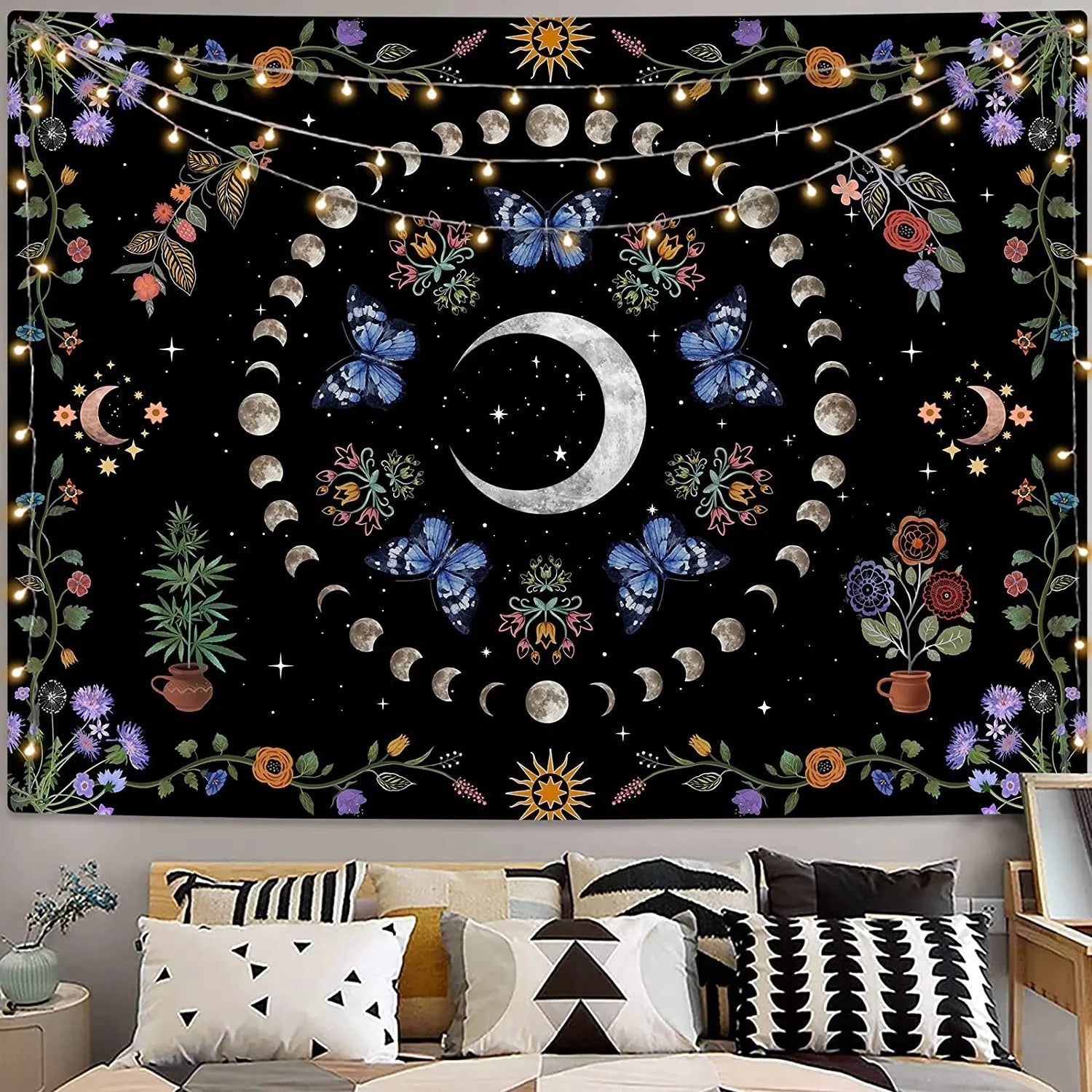 Butterflies and Moths Tapestry Black and White Flower Tapestry Wall Hanging Beach Blanket Romantic Bedroom Dorm Home Decor