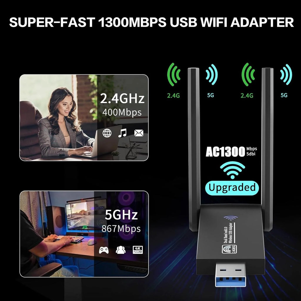 1300Mbps USB 3 0 WiFi Adapter Dual Band 5GHz 2 4GHz High Gain