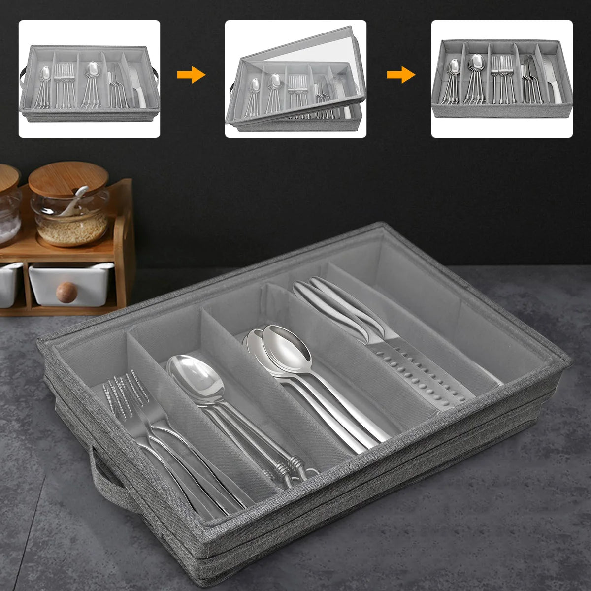 Flatware Storage Case with PVC Lid 5 Compartment Foldable Utensil Storage Box Silverware Storage Box Chest Portable Cutlery Box