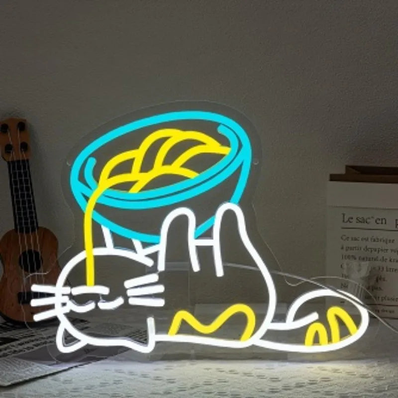 Ramen Cat Neon Sign, Bright LED for Restaurant and Cafe Decor, Japanese Kitchen Wall Art, Cat Lover Gift, Party Decoration