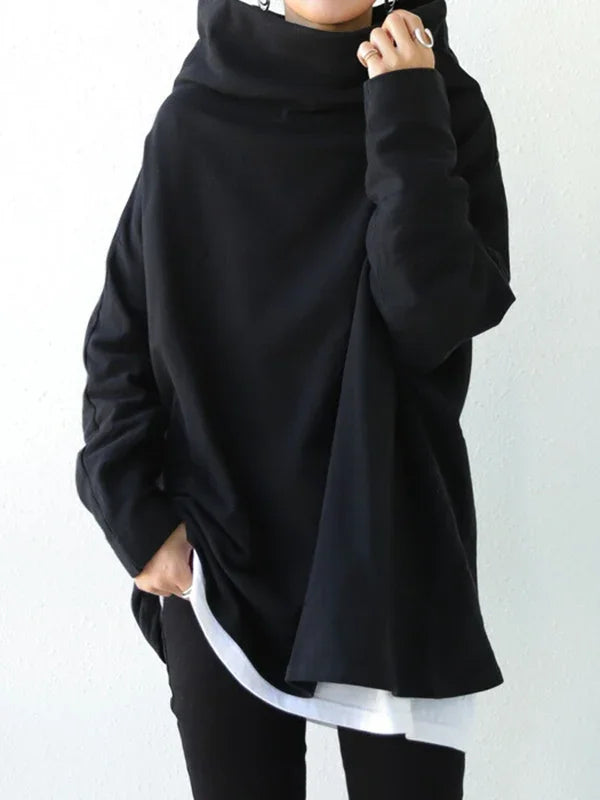Missuoo Women's Black Turtleneck Oversized Blouse 2026 Summer Casual Loose Long Sleeve Asymmetric Hem T-shirt Top
