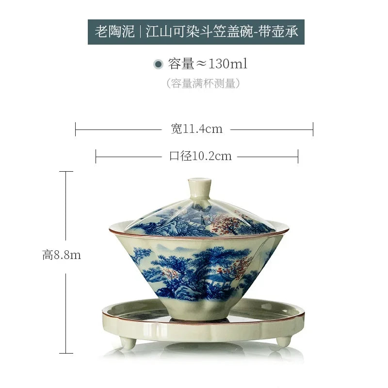 Jingdezhen-Ceramic Tea Cup with Bamboo Hat, Traditional Handmade Tea Ware, Single Bowl, Kung Fu Tea with Lid, Sancai Gaiwan