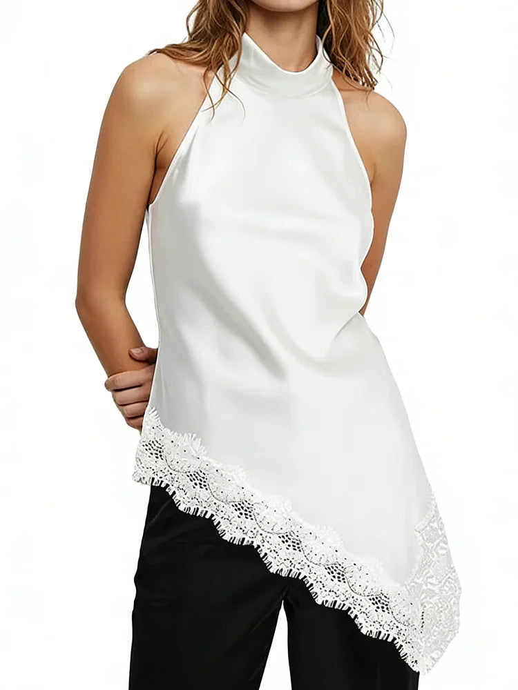 Women's Satin Camisole Sexy Lace Sleeveless Tank Top Y2K High Neck