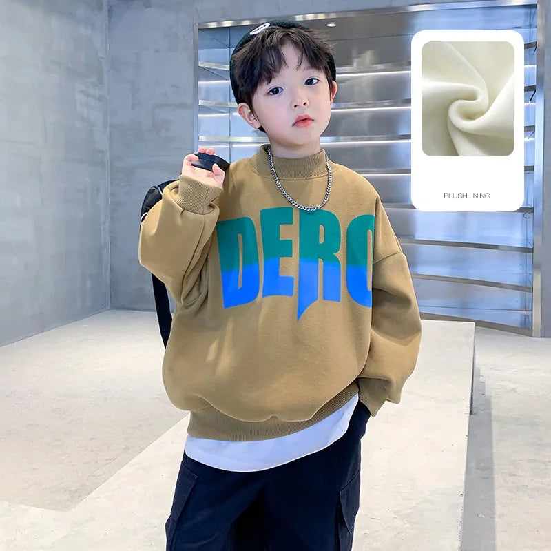 Winter Boys Warm Fleece Lined Half Turtleneck Alphabet Sweatshirt School Kids Track Pullover Coat Tops Child Work Jumper 3-16Yrs