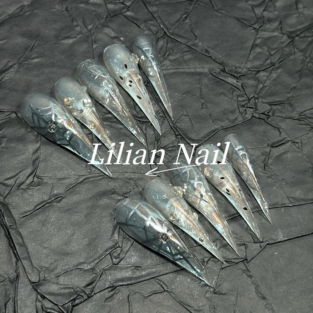 10Pcs Spice Girl Colorful Handmade Full Cover False Nail Y2K Long Dragon Shape Claw Cat Eyes Gradients Reusable Press On Nails