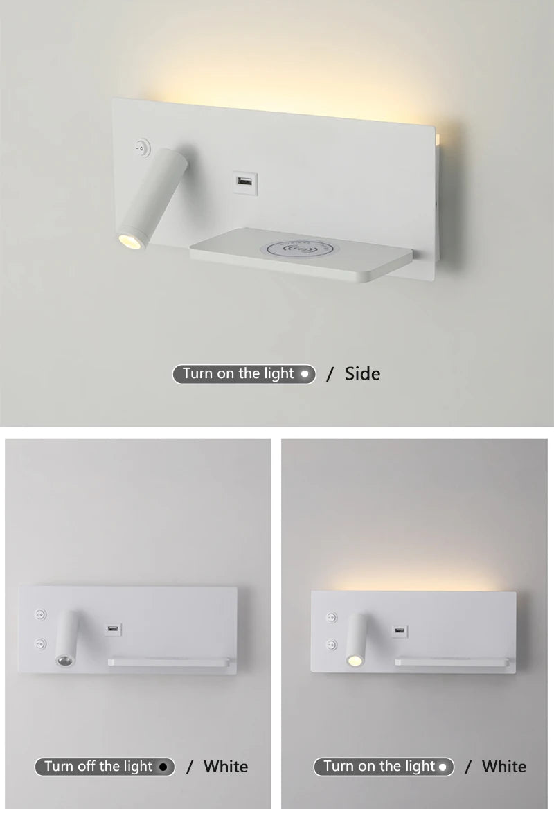 Multi Functional Wall lamp with Mobile phone Wireless charger switch USB interface Bedroom Night light LED Reading wall light