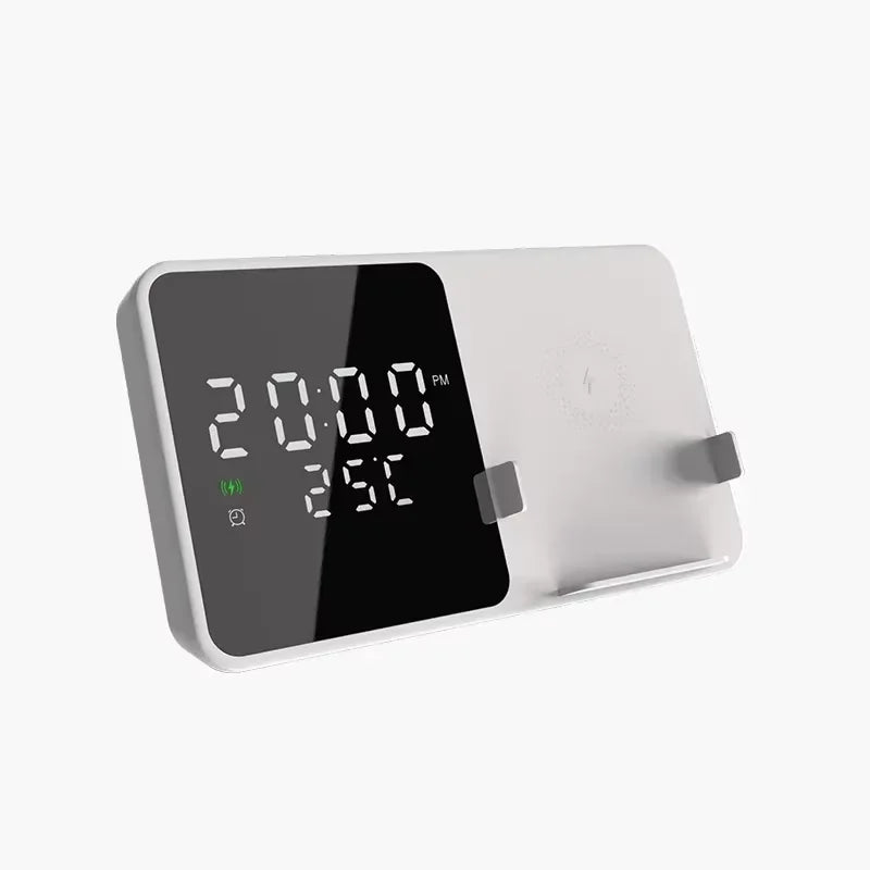 Wireless Charger Pad Stand with Alarm Clock Thermometer for iPhone 14 13 12 11 X Xiaomi Samsung 15W Phone Fast Charging Station