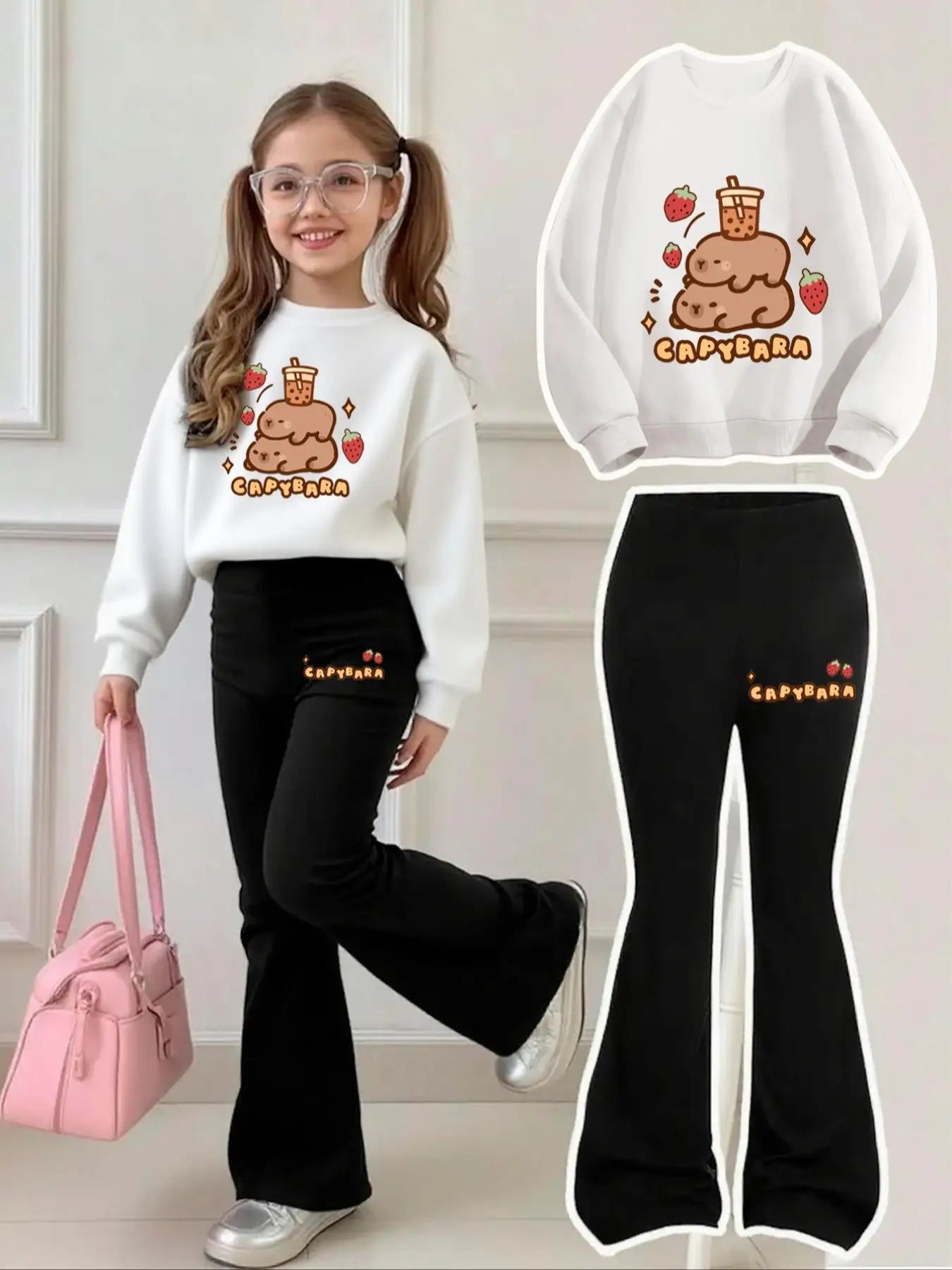 4-12 Year Old Girls' Capybara Milk Tea Sweatshirt and Bell-Bottom Pants Set, Black Bell-Bottom Pants with Side Embellishments Featuring the Same "Capybara" Lettering + Strawberry Element Print Two-Piece Outfit