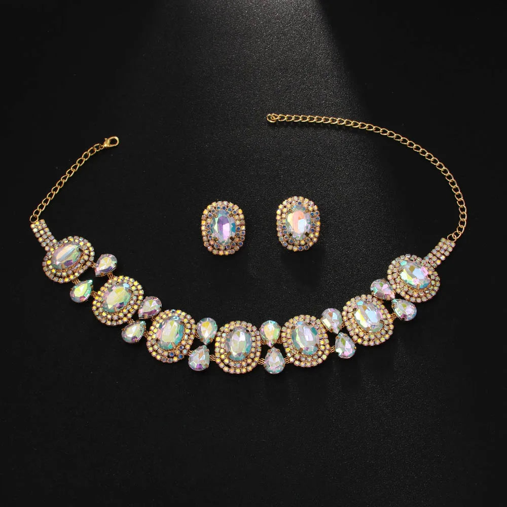 Elegant Boho Round Crystal Jewelry Set Piercing Wedding Gift for Bridal Bling Geometric Rhinestone Necklace Earring Set Party