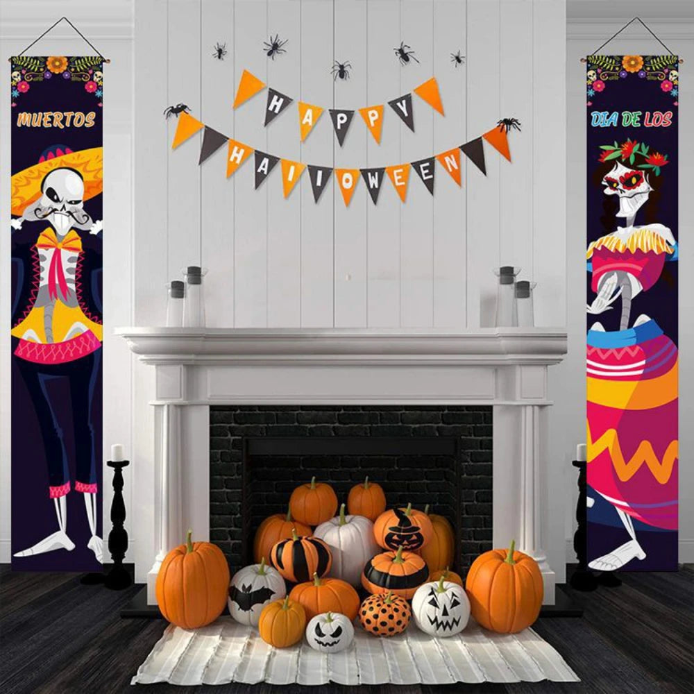 Halloween Decorative Props Mexican Day of the Dead flag Hanging Outdoors Hanging Porch Sign Halloween Welcome Signs Home Decor