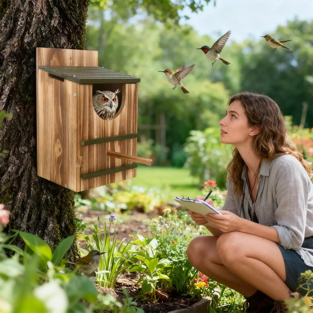 Owl Box Wooden Bird House Waterproof Carbonized Shelter for Garden Outdoor Window Squirrel Pigeon Hummingbird Nesting Home Decor
