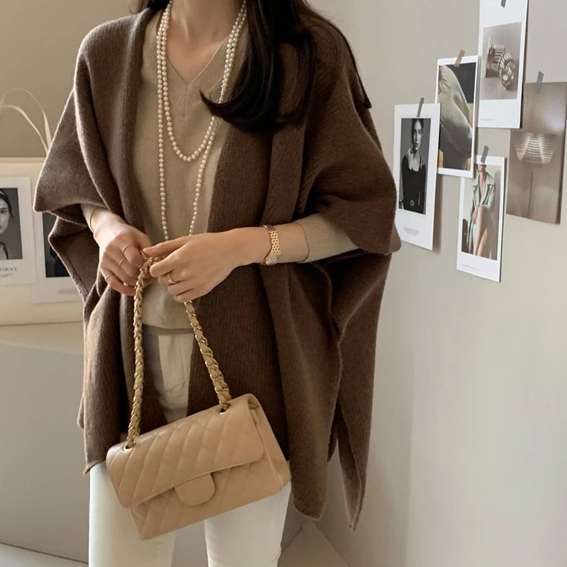 Fashion Elegant Knitted Shawl Jacket Korean Style Women's Casual Loose Warm Cloak Top Solid Color Knitted Cardigan Sweater Coats