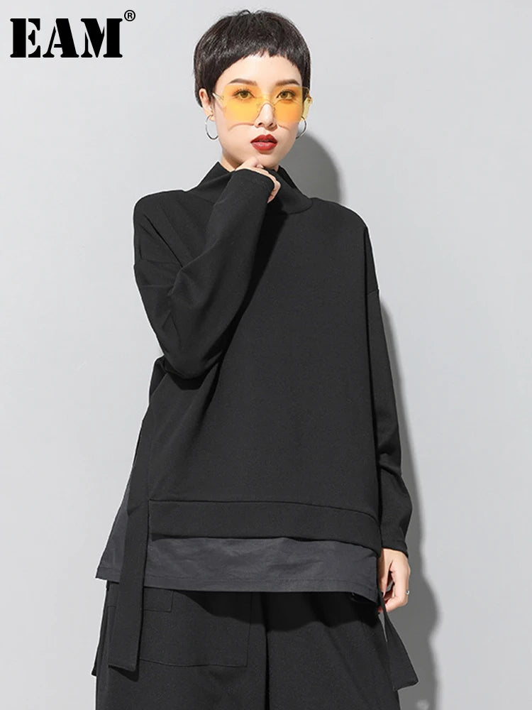 [EAM] Loose Fit Asymmetrical Big Size Sweatshirt New High Collar Long Sleeve Women Big Size Fashion Spring Autumn 2026 19A-a124