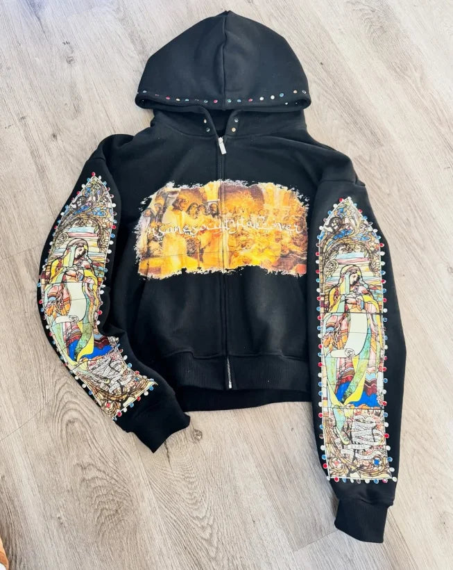 Y2K zipped hoodie aesthetic hip-hop streetwear fashion loose zipper plush jacket solid color top punk rock gothic sweatshirt