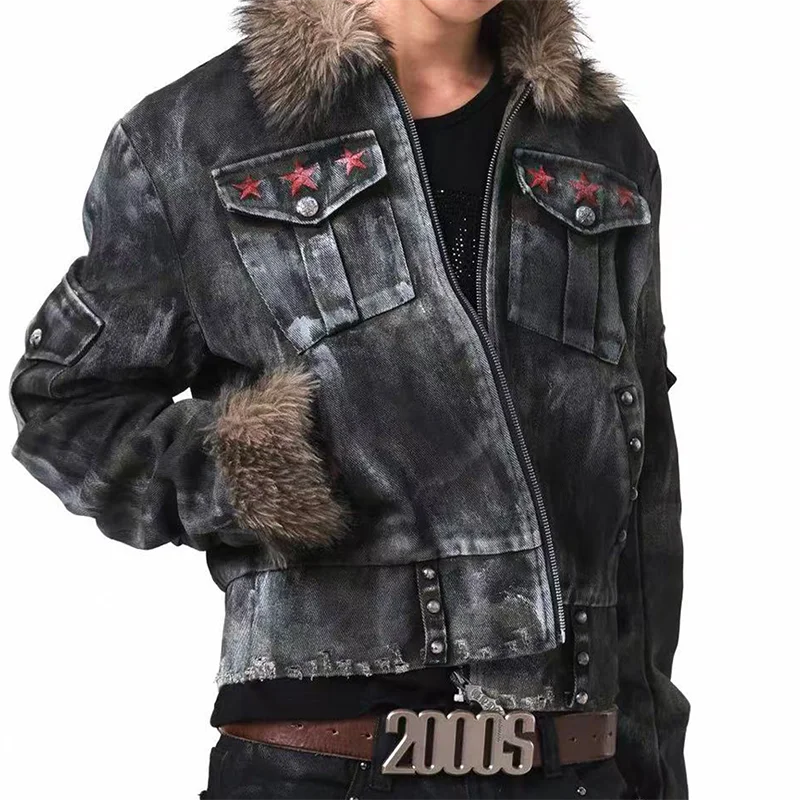 MWJLPWQ Washed Distressed Jacket Stains Irregular Damage Rivets