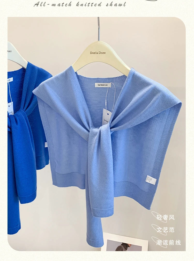 Korean Knitted Shawl Summer Fashionable Versatile Fake Collar Neck Guard Knotted Cape Shoulder Scarf Solid Color Scarve Women