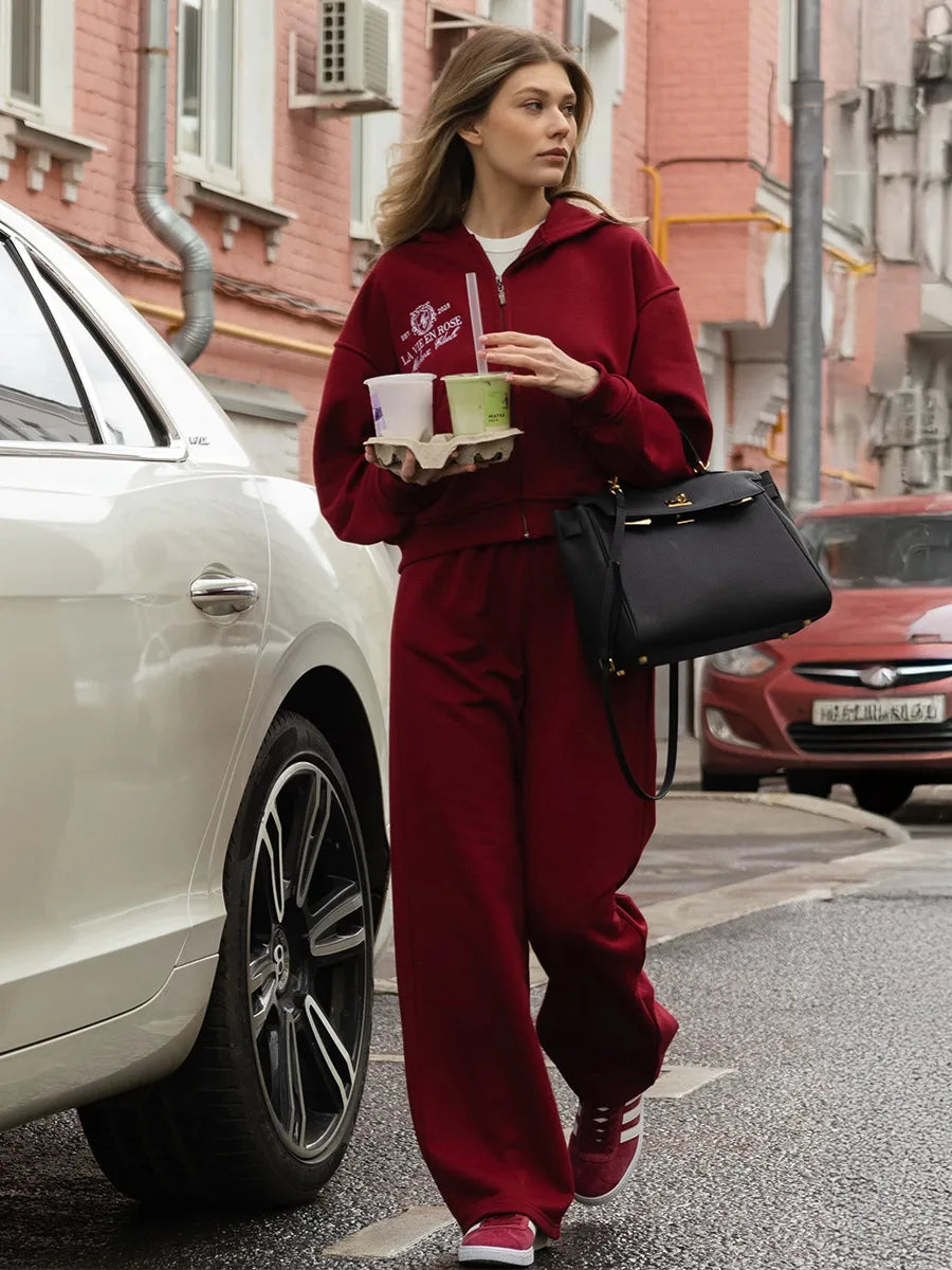 Sumuyoo Short Zipper Hoodie Set Women's 2025 Autumn Winter Casual Sports Hoodie Sweatshirt Wide Leg Pants 2 Piece Set