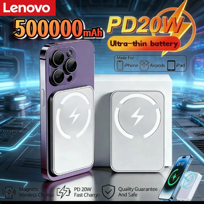Lenovo 50000mAh Magnetic Power Bank for Magsafe Wireless Charger Fast Charging External Spare Battery For Android iPhone