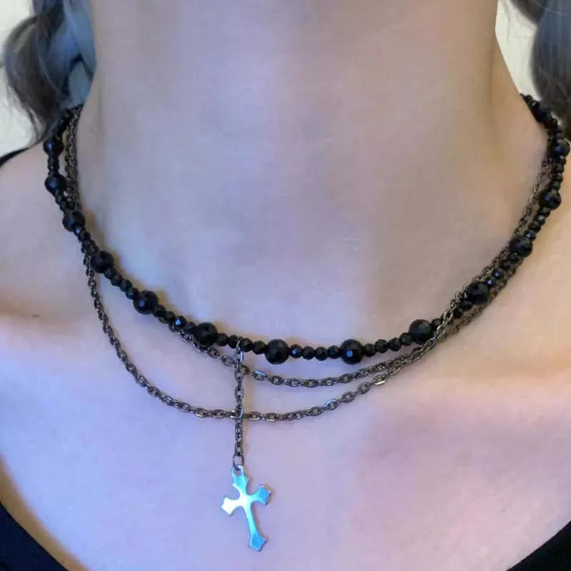 Gothic Punk Y2K Black Crystal Cross Pendant Necklace for Women