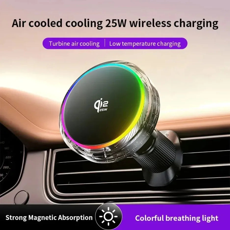 Car Magnetic Wireless Charger Qi2.2 25W Air Cooling RGB Light  Phone Holder For Magsafe iPhone 17 16 15 14 13 12 Fast Charging