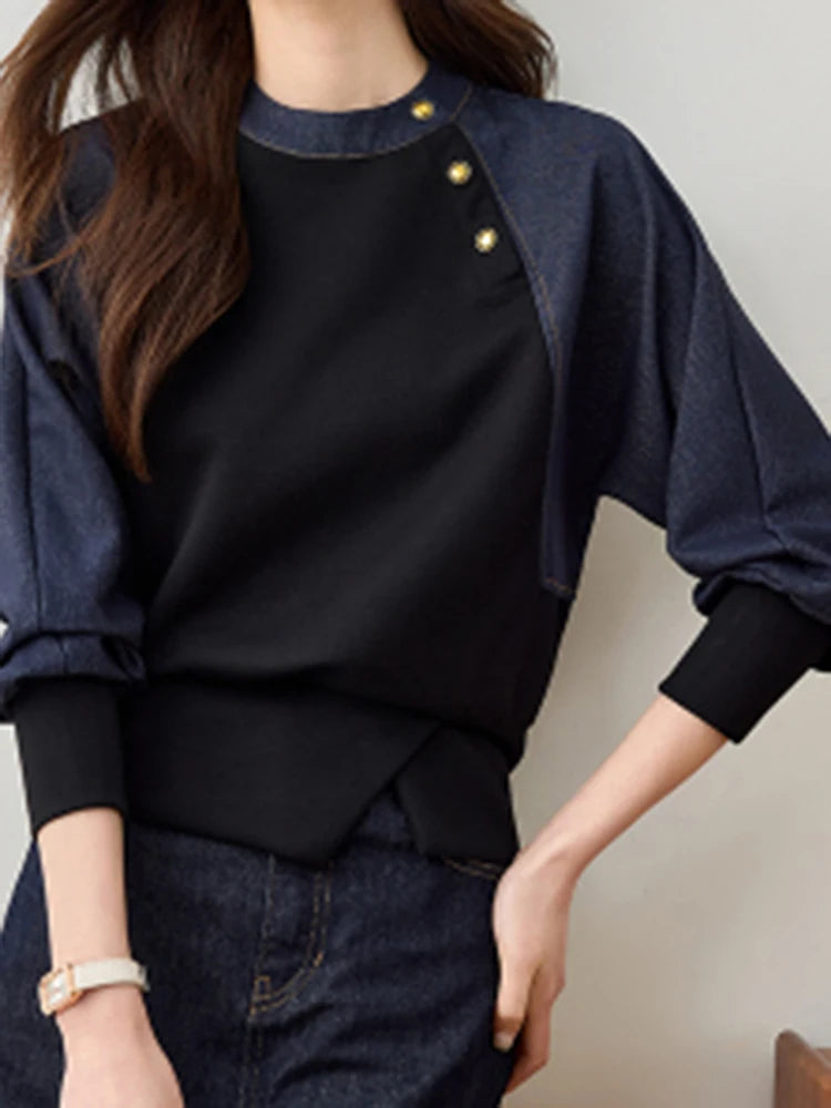 Aoaiiys Hoodies Women O Neck Button Decor Sweatshirt Contrast Color Spliced Pullovers Spring Autumn Vintage Casual Sweatshirts