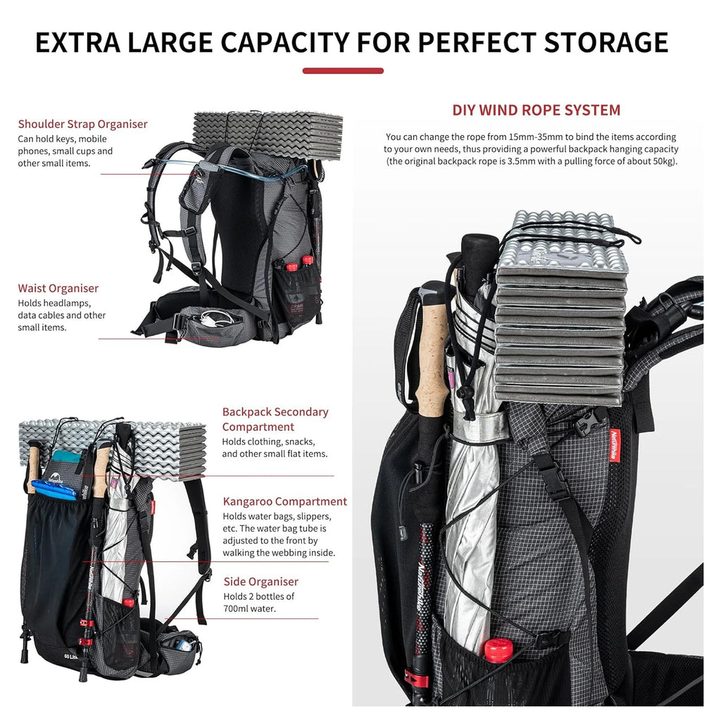 Naturehike Outdoor Mountain Backpack 60+5L Waterproof High Capacity Sports
