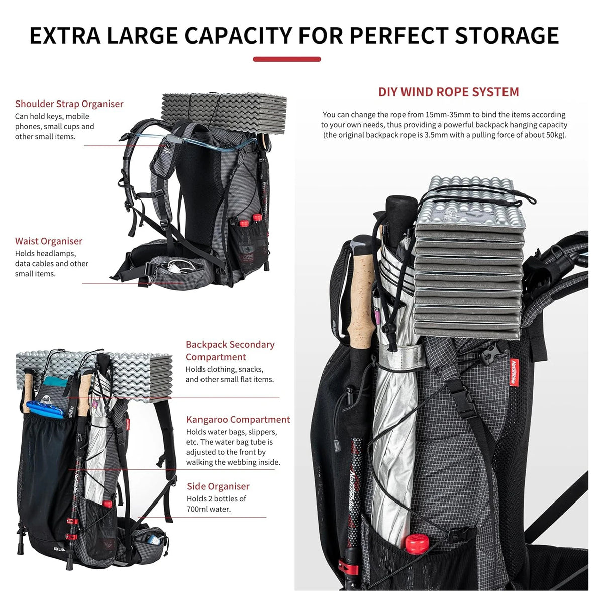 Naturehike Outdoor Mountain Backpack 60+5L Waterproof High Capacity Sports