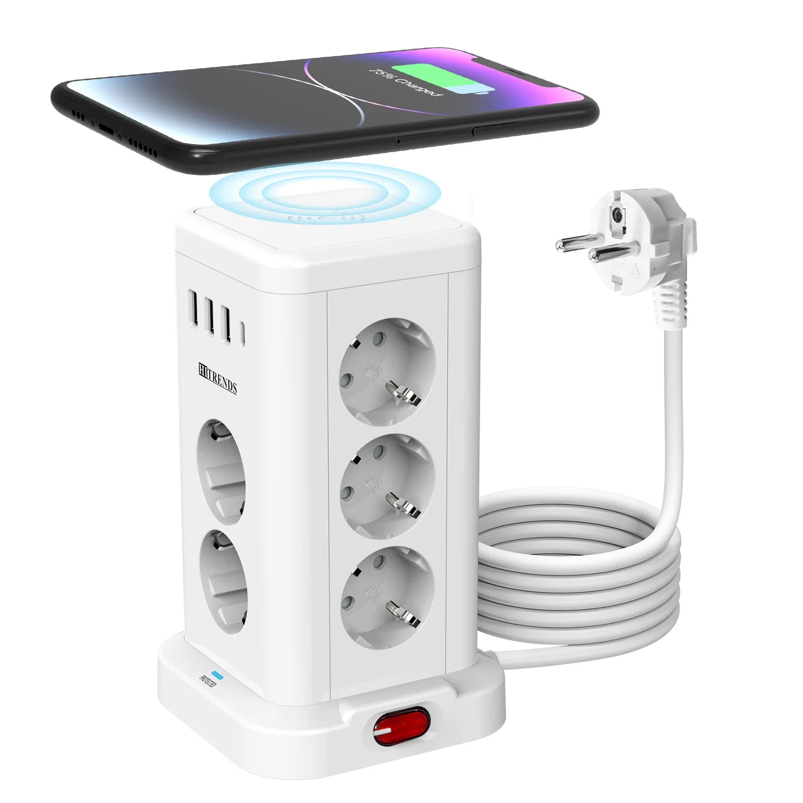 7/11AC EU plug Smart Power board with Wireless Charger 3 USB 1 Type c charging, 2m extension cable, Multiple Sockets for home