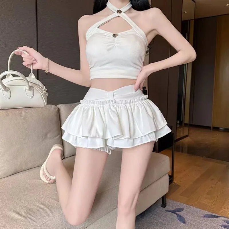 Puffy Pleated Skirt Anti-Panty Flash Skort Ballet Academy Style Cute Flared Mini Skirt for Women Youthful Layered Design