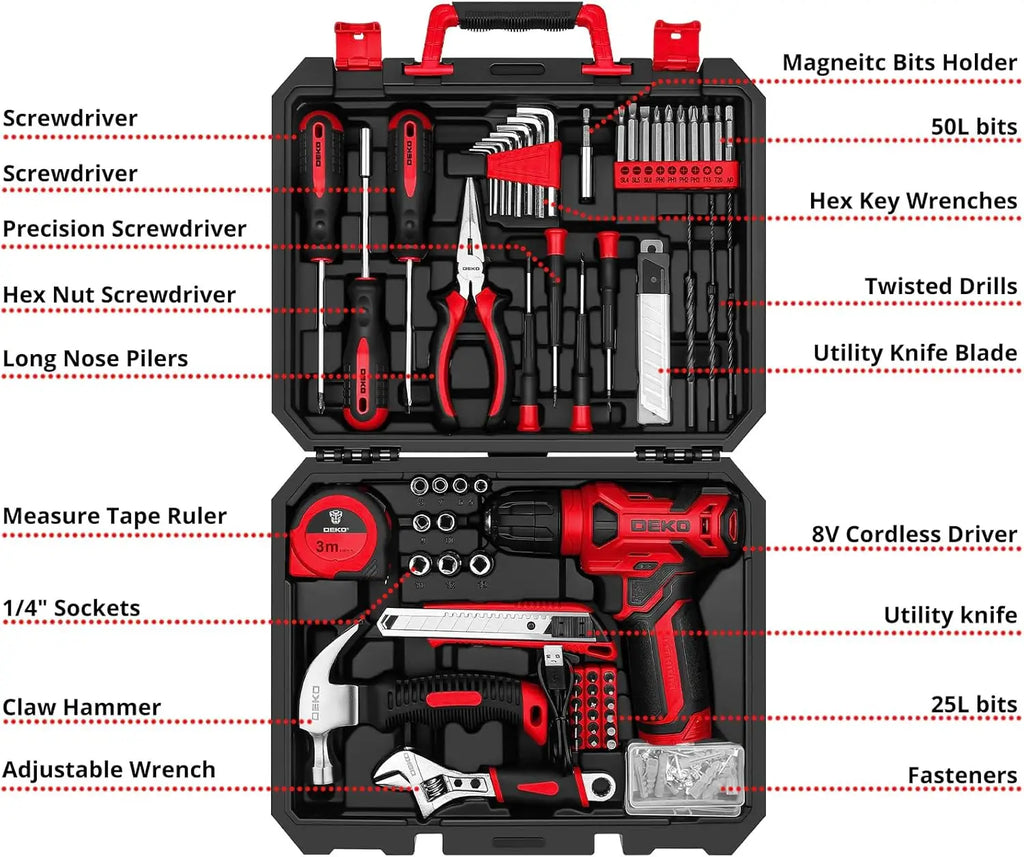 DEKO Drill Set Tool Set with 8V Red Cordless