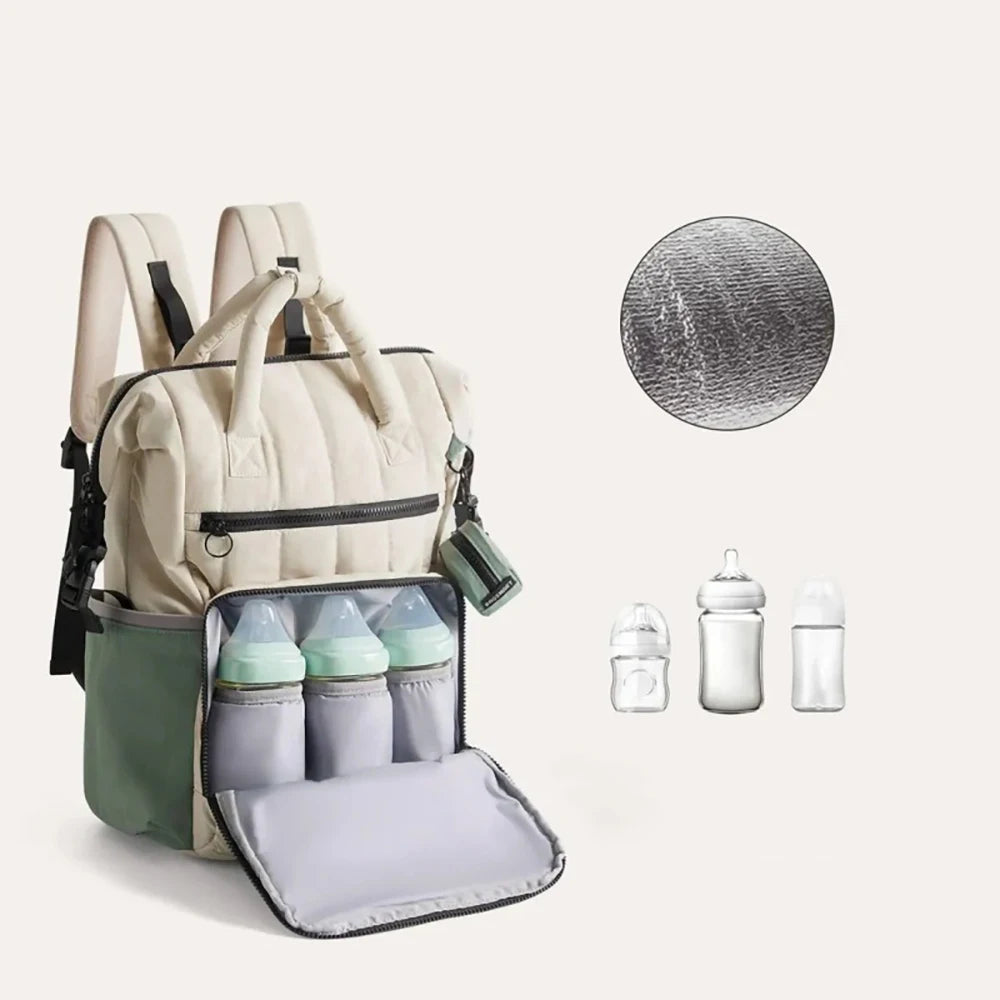 White and Green Contrast Backpack Diaper Bag