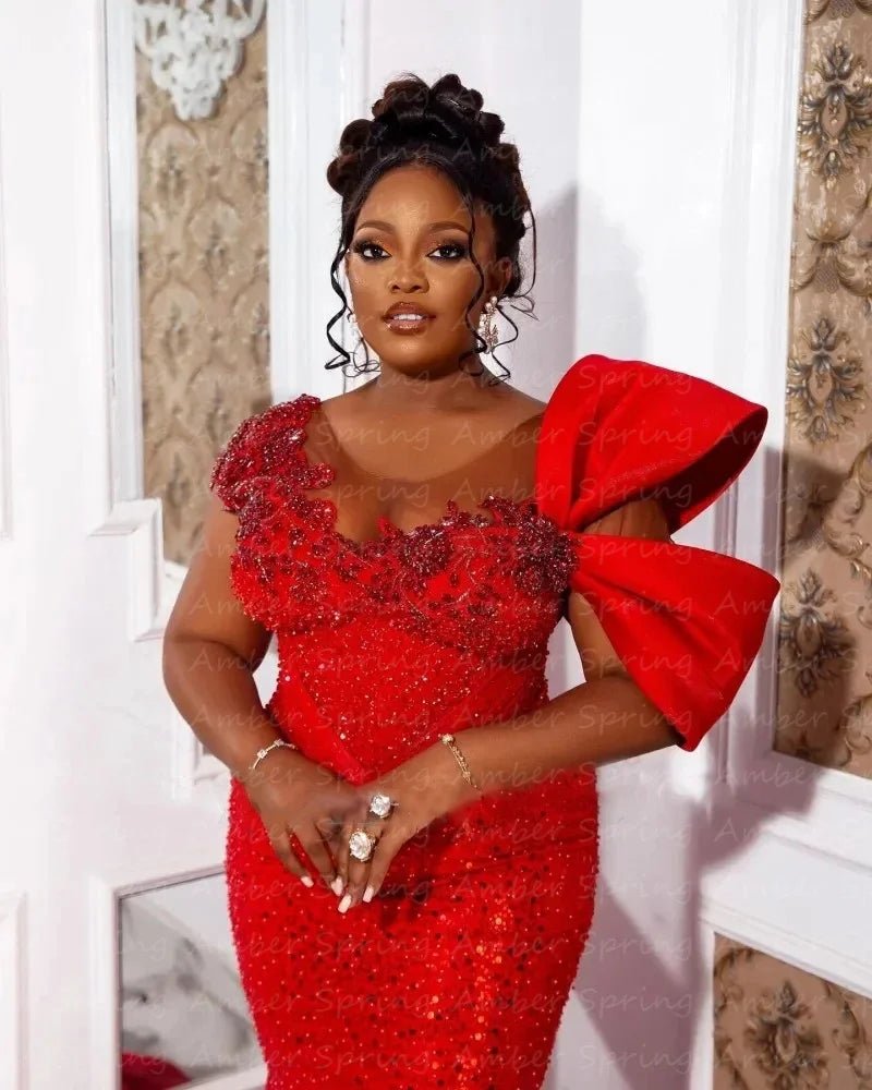 Charming Red Aso Ebi Evening Dresses Beads Sequins Mermaid Women Formal Met Gala Prom Gowns Nigerian  Robe De Bal Customized