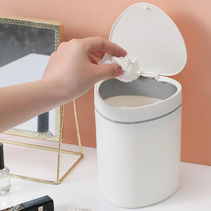 Small Trash Can with Lid Plastic Press Type Step On Wastebasket for Office Dorm Bedroom Bathroom Kitchen Car Desktop