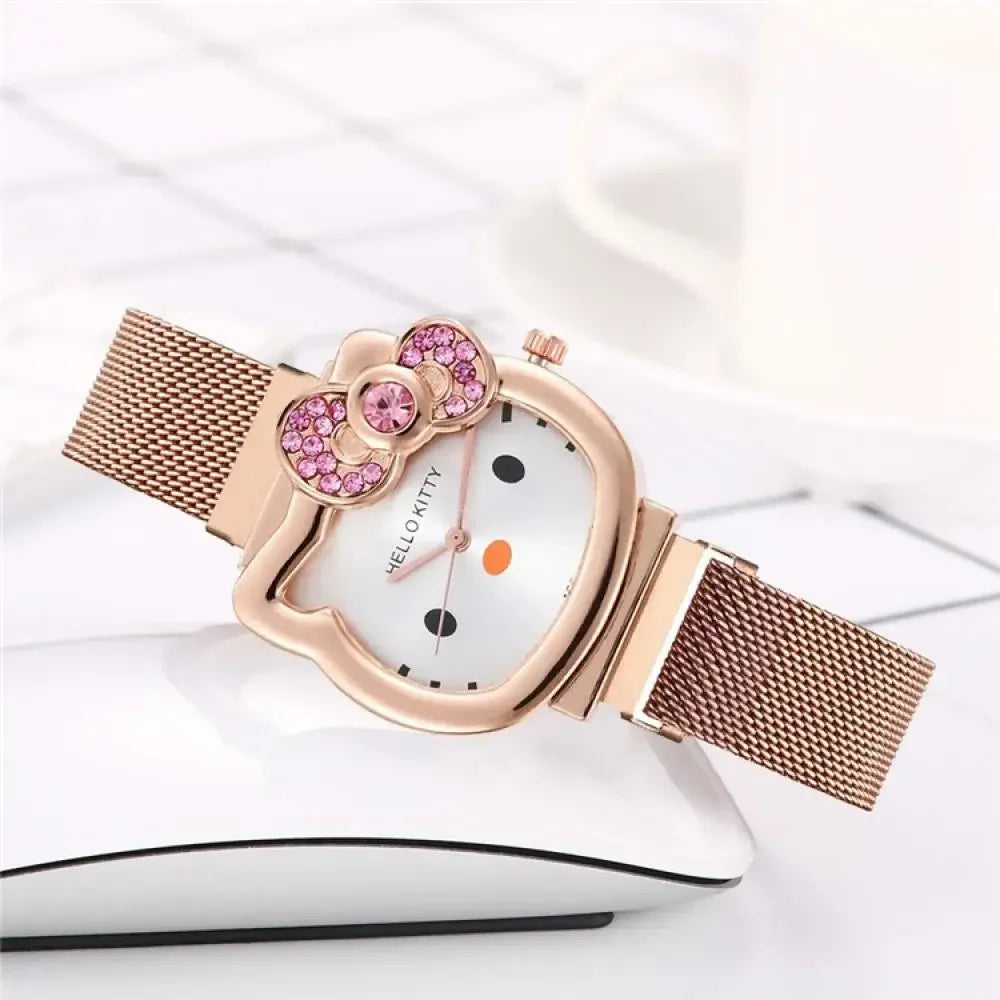 Sanrio Anime Hello Kitty Bow Set Diamond Watch Fashion Quartz Watch Cute Cartoon Magnet Small Dial Watch Girl Birthday Gift