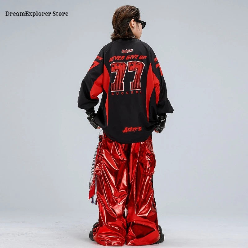 Boys Hip Hop Sweatshirt Shiny Vest Street Dance Cargo Pants Girls K-pop Clothes Set Kids Jazz Red Costumes Children Streetwear