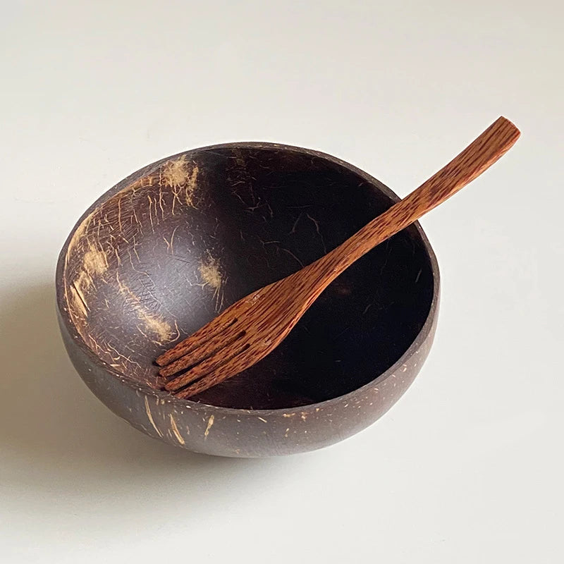 Kitchen Natural Coconut Bowl Set Wooden Salad Ramen Wood Spoon Coco Smoothie Tableware