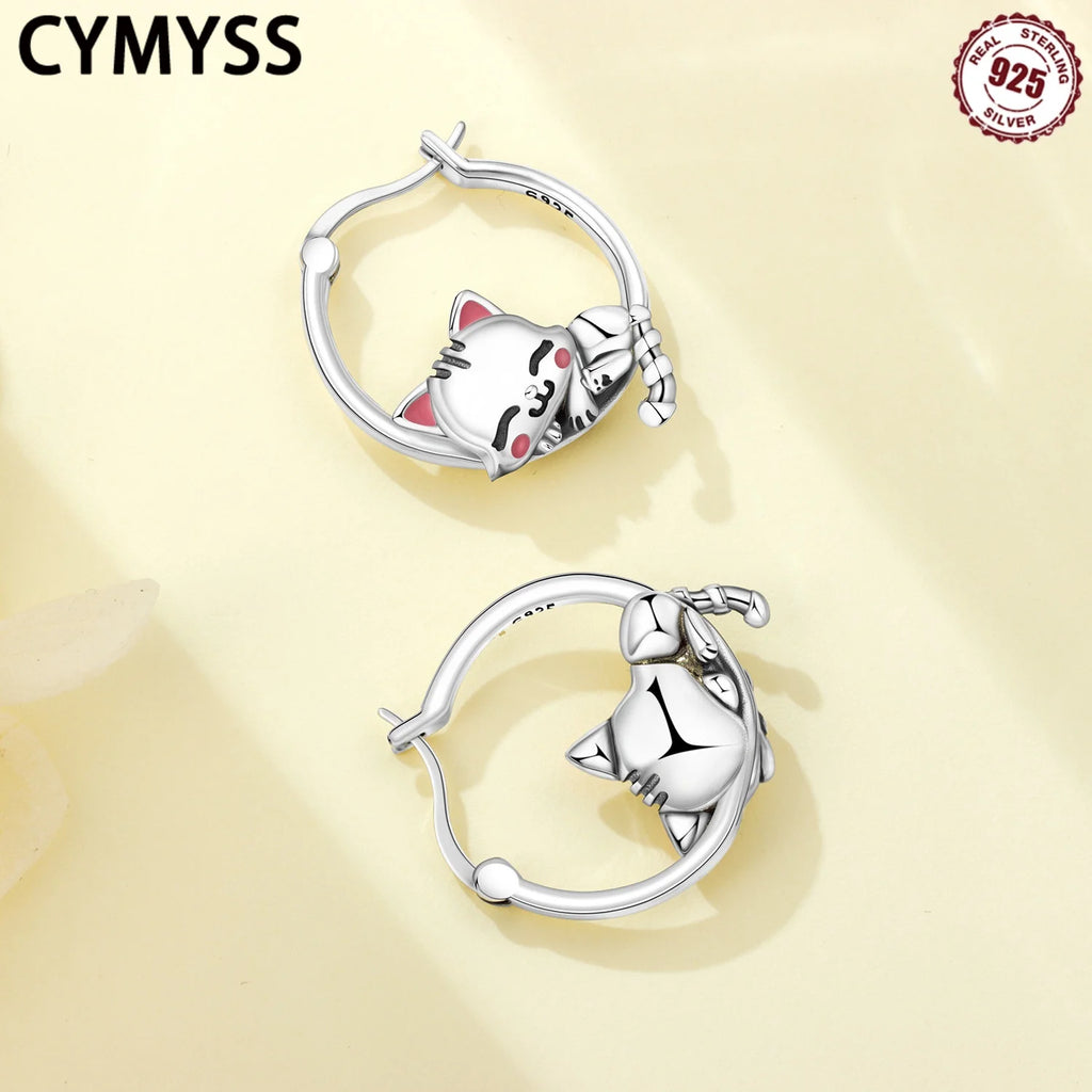 Simple 925 Sterling Silver Cute Sleeping Cat Hoop Earrings for