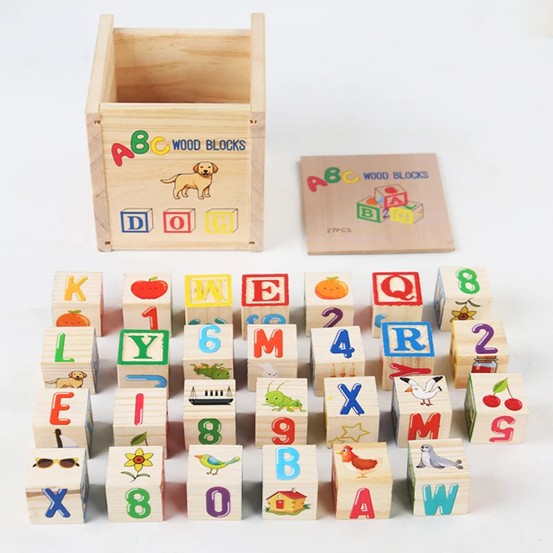 Wooden Printed Block Toy English Letter Digital Cartoon Cognition